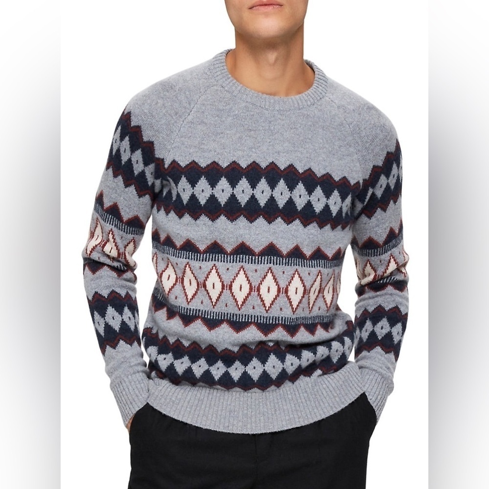 2/49$ SELECTED Fair Isle Raglan-Sleeve wool blend crewneck Sweater Sz‎ Large